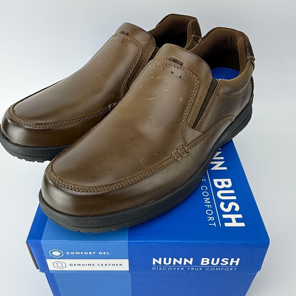 Nunn Bush Cam Slip-On Brown Leather Comfort Gel Shoes Mens 9.5 M NIB